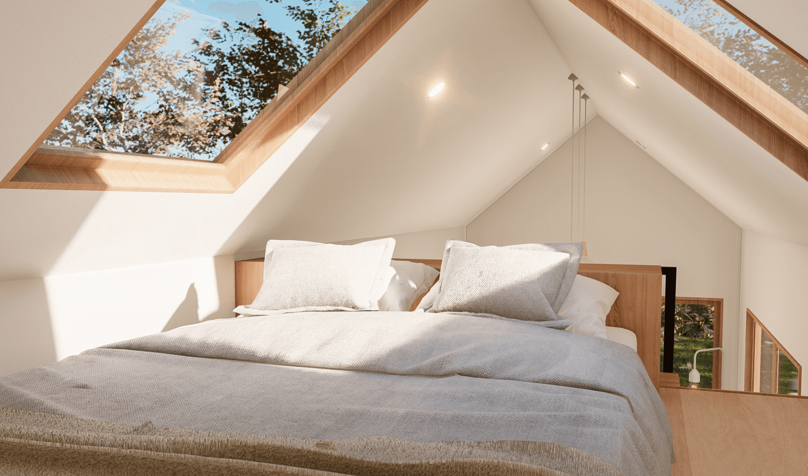 Tiny house bedroom loft with skylights