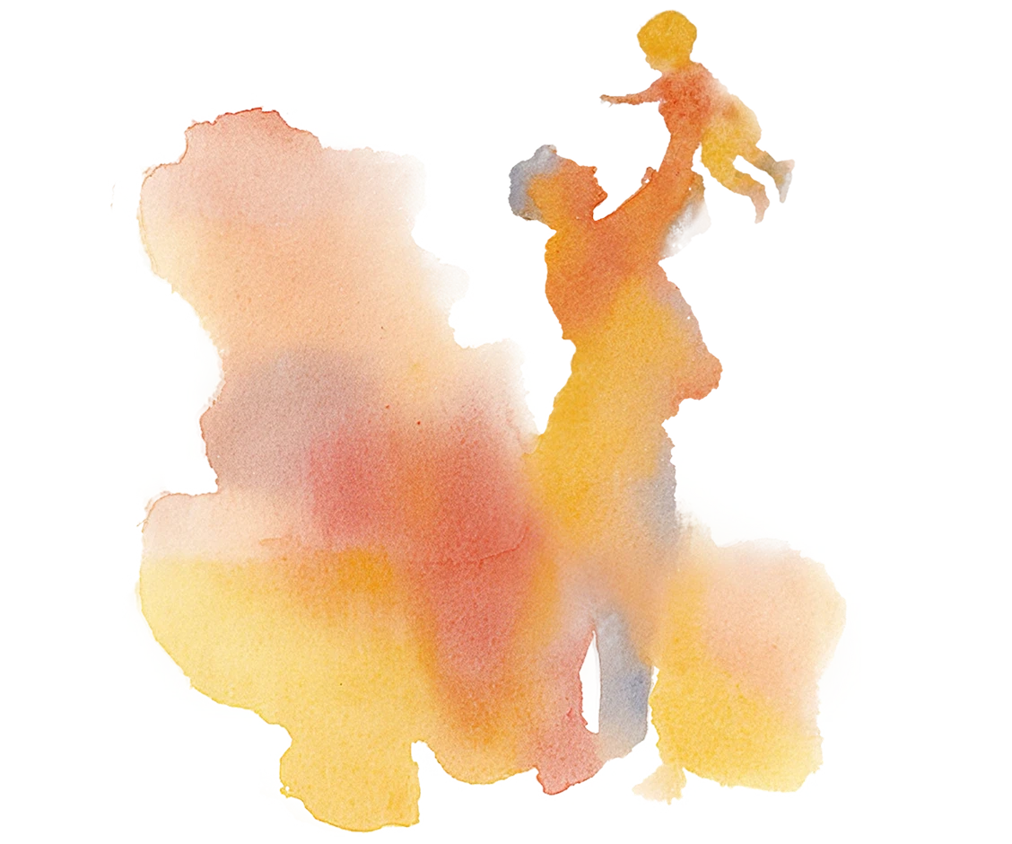 Watercolor illustration of a parent lifting a baby