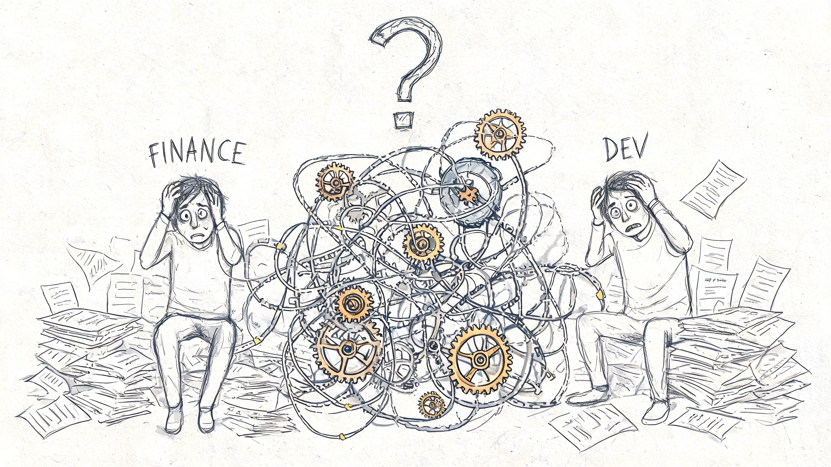 Stressed finance and development professionals overwhelmed by a tangled mess of complex, chaotic business processes and wires.