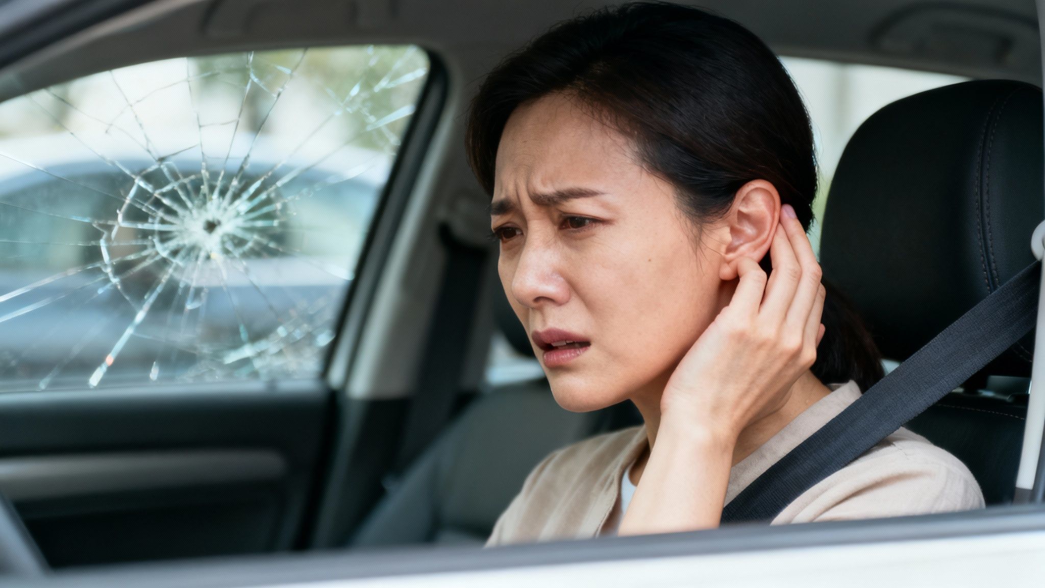 A person holding their ear, looking distressed, with an overlay of sound waves to represent tinnitus.