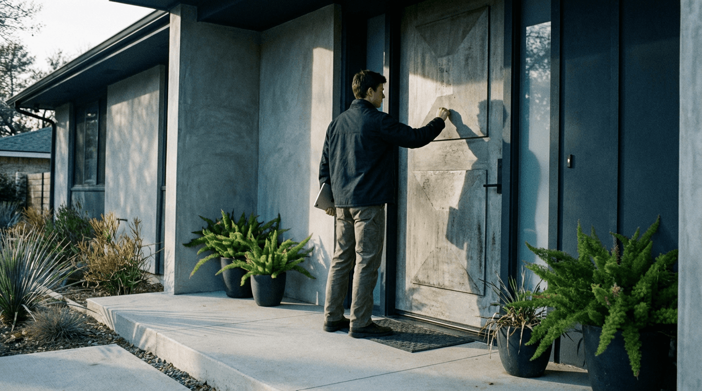 Door-to-door salesman recording his sales pitch and recieving ai generates sales coaching
