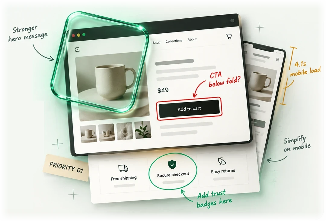 Annotated Shopify storefront mockup with audit notes