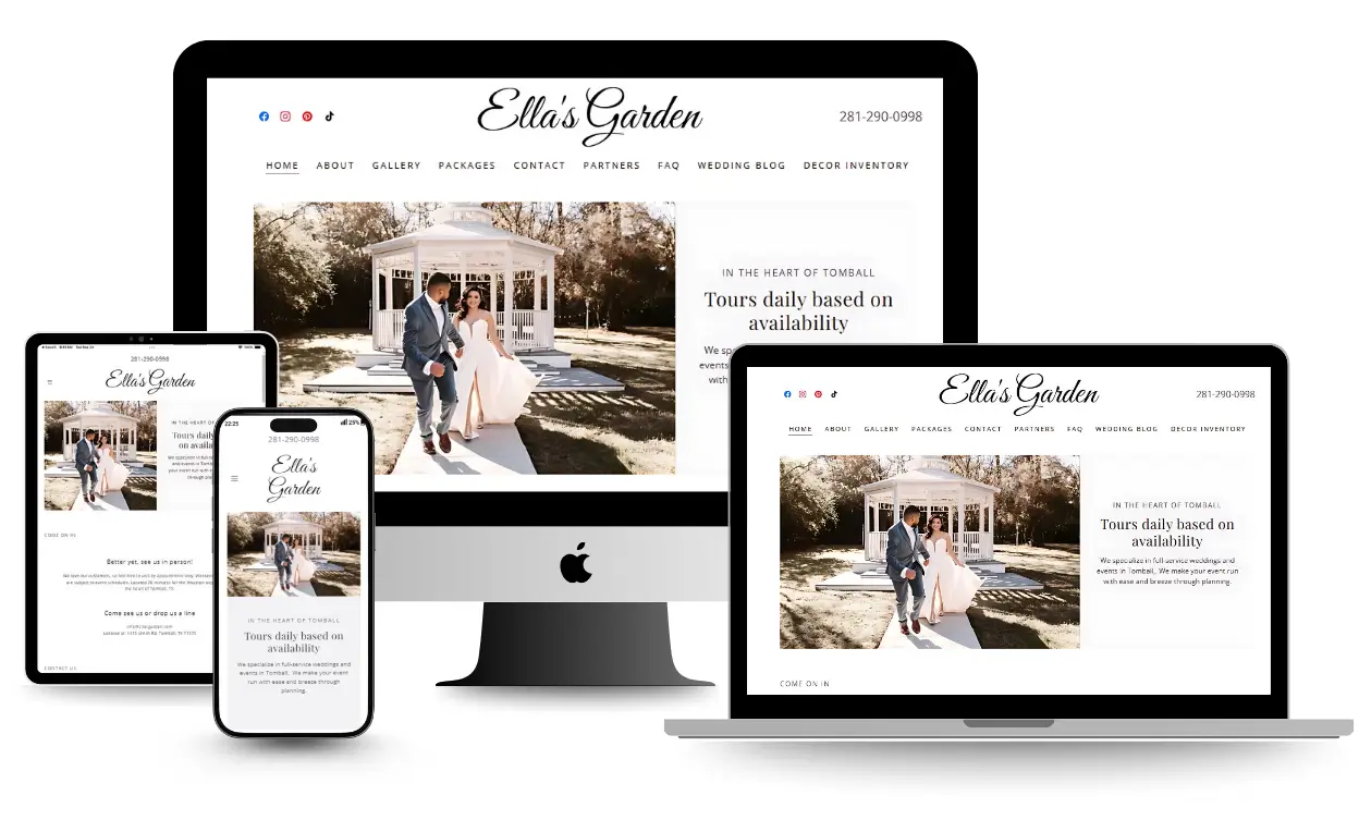 Ella's Garden responsive website design on desktop, laptop, tablet, and mobile devices.