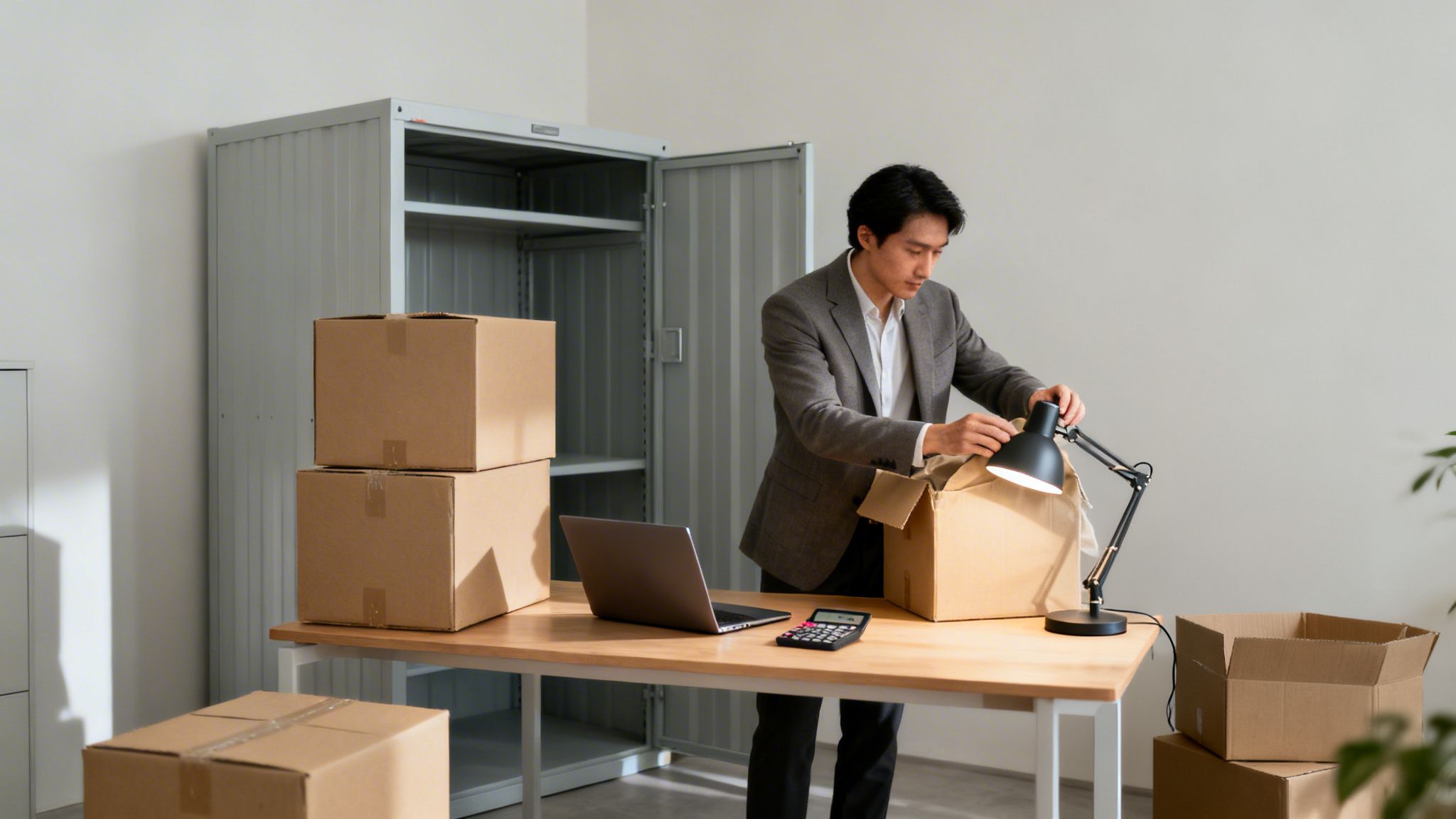 En man packar upp en svart skrivbordslampa ur en kartong på ett kontor med flera flyttkartonger.