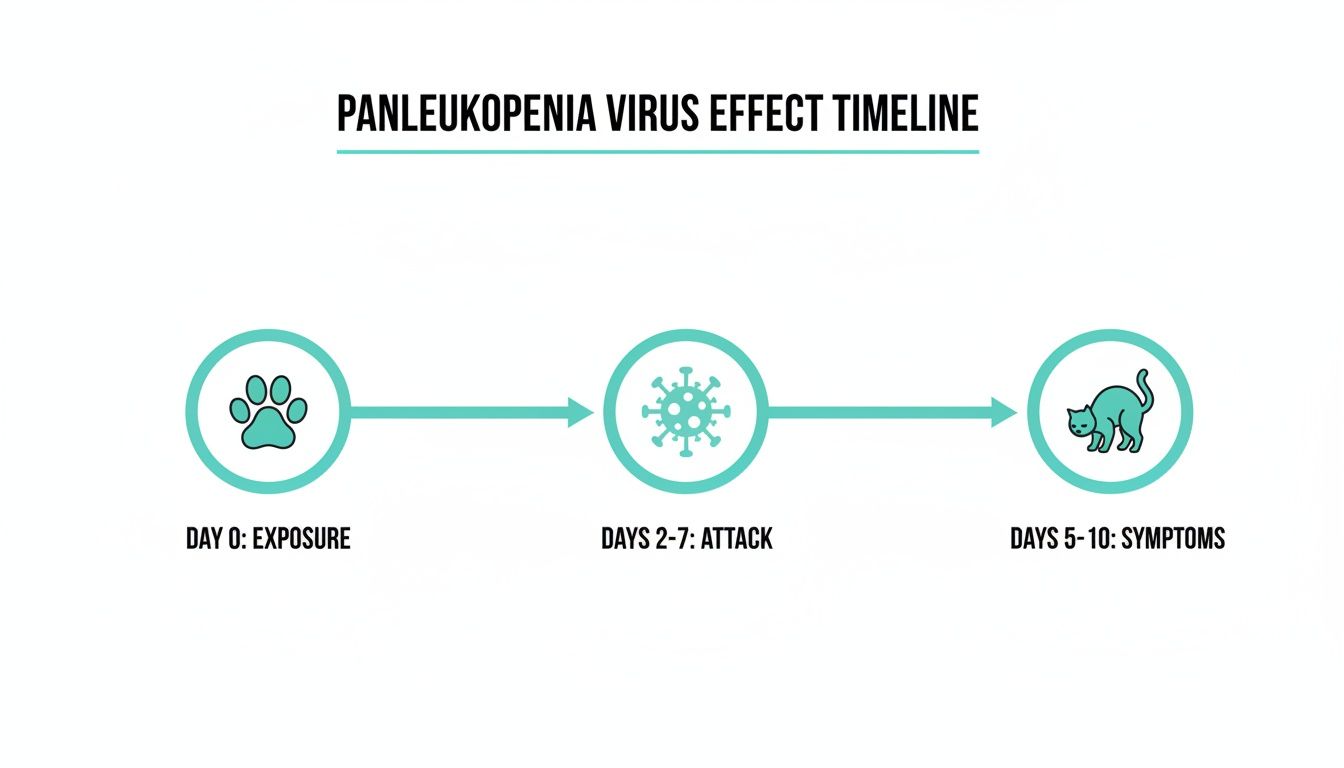 A timeline illustrating the Panleukopenia virus effect, showing exposure, attack, and symptoms over 10 days.