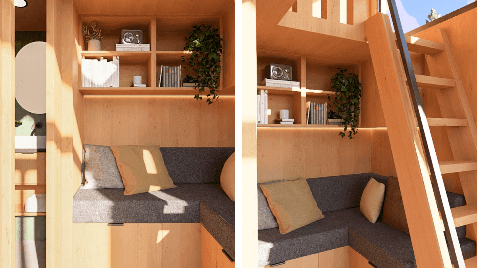 In this 10x10 tiny house interior, a cozy living room awaits offering comfort and clever storage