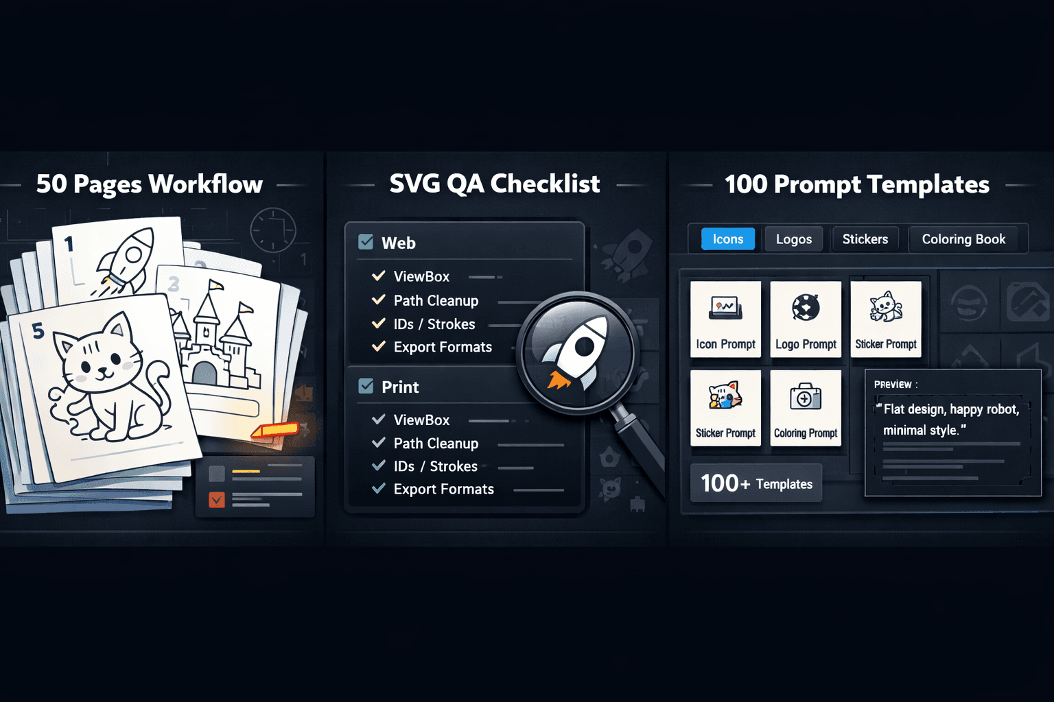 Stack of 50 outline-style coloring pages with a workflow panel showing steps from prompt to QA and export.