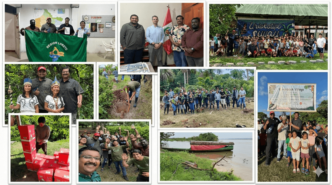 Collage of Tahogreen Eco Guardians' reforestation activities, community meetings, tree planting, volunteers, and Amazon partnerships.