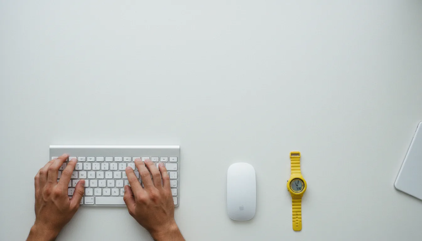 DSLR photography, top-down flat lay view of a minimalist, slightly textured white desk. A person's tanned hands and forearm are in the left frame, actively typing on a slim, silver and white wireless keyboard. Arranged on the right side are a white wireless mouse, a vibrant yellow plastic wristwatch, and the corner of a white smartphone. The scene is evenly lit with soft, natural daylight, creating a clean aesthetic with a noticeable fine grain. The composition leaves significant negative space in the center and right.