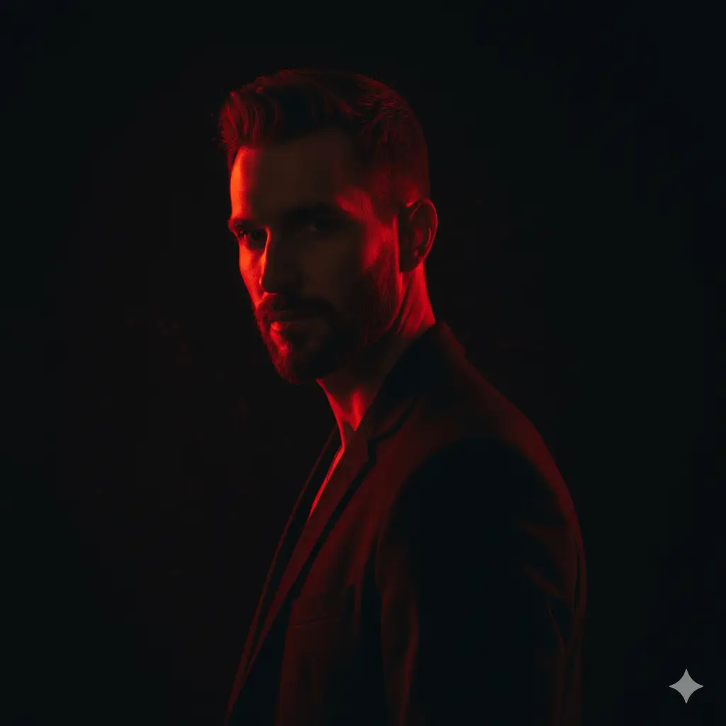 AI-generated male portrait with dramatic red neon cinematic lighting, bearded man in profile against dark background with intense red illumination creating moody atmosphere by Mahendra