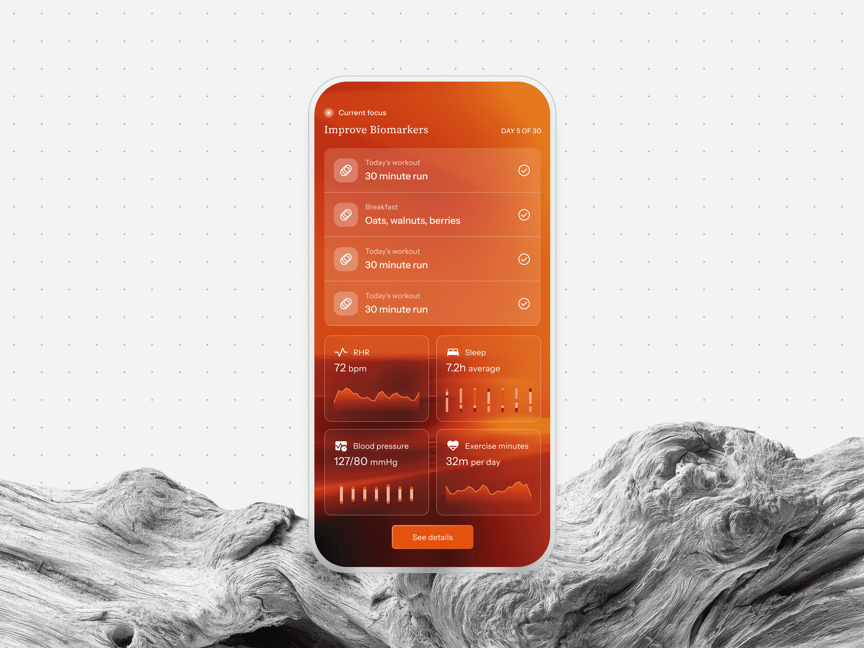 The home screen carries one focus, Improve Biomarkers on day 5 of 30, with the day’s workout and meals up top and the biomarkers it moves tracked below.