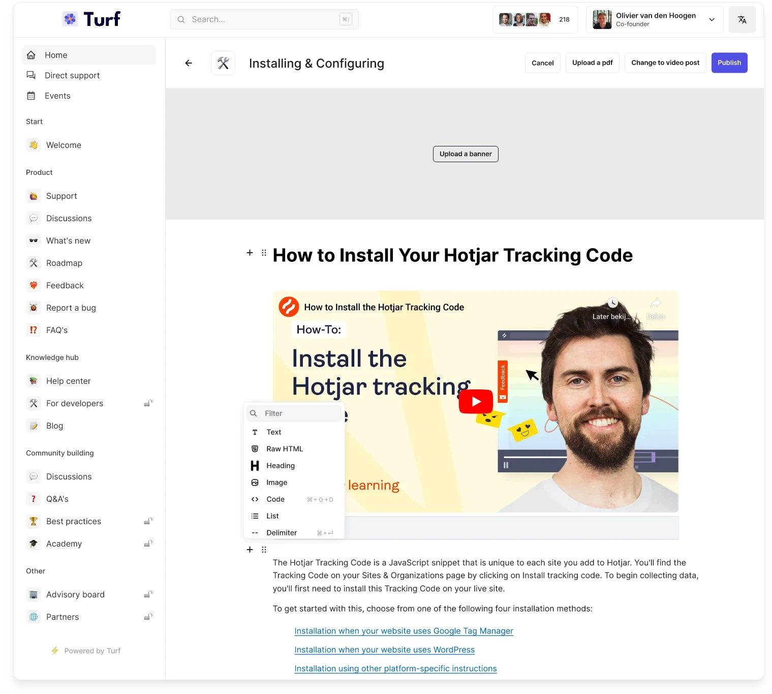 The rich text editor in the knowledge base functionality in the Turf platform