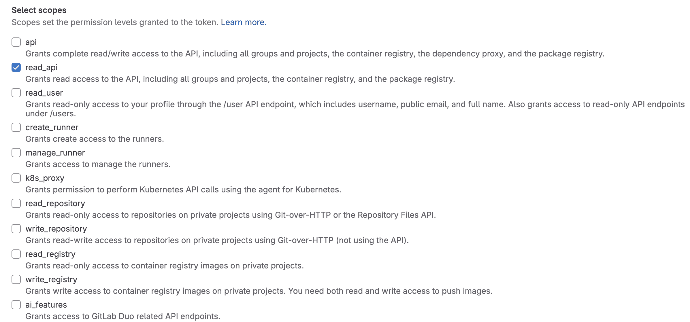 Gitlab private access token settings to use for Sourcebot