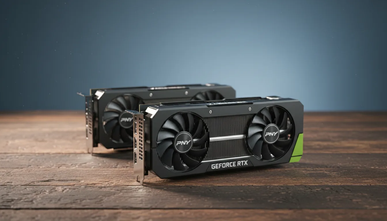 DSLR product photography of two high-end black PNY GeForce RTX graphics cards resting on a rustic, textured dark wood desk. The scene is illuminated by soft studio lighting, creating clean highlights on the matte plastic shrouds and metal heat sinks. The foreground GPU is in sharp focus, with a shallow depth of field blurring the solid, muted blue wall in the background. High-angle view, hyper-detailed.