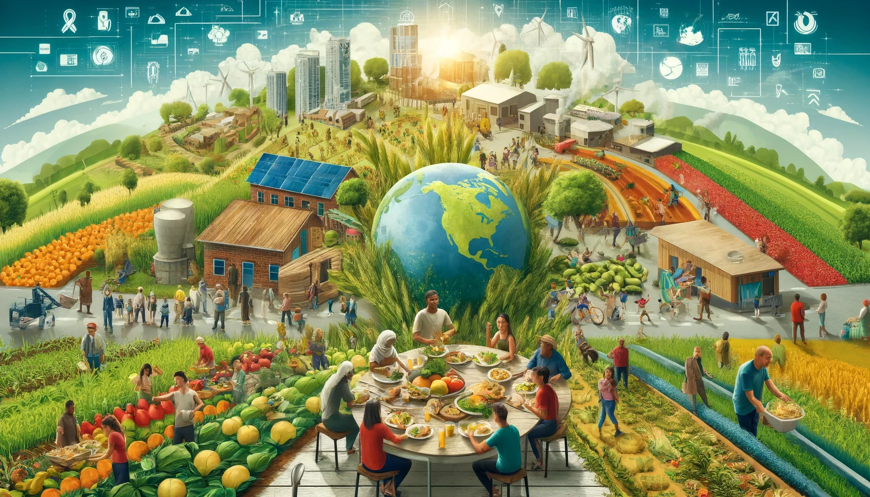 The image is a vibrant and detailed illustration depicting a harmonious and sustainable community centered around agriculture and environmental stewardship. Key elements of the image include:  Community Gathering: In the foreground, a diverse group of people is seated around a large table, enjoying a meal together. The food on the table consists of fresh produce, indicating a farm-to-table lifestyle.  Lush Farmland: Surrounding the central community area, there are expansive fields of various crops, including vegetables, fruits, and grains. The fields are well-organized and flourishing, showcasing successful agricultural practices.  Solar-Powered Buildings: Several buildings with solar panels on their roofs are visible, emphasizing the use of renewable energy sources within the community.  Green Technology: Various modern agricultural technologies and sustainable practices are depicted, such as wind turbines, automated irrigation systems, and greenhouses.  Community Activities: People are engaged in various activities such as farming, cycling, playing, and working together, illustrating a vibrant and active community life.  Central Globe: At the center of the image, a large globe symbolizes global unity and the importance of sustainable practices for the health of the planet.  Urban Integration: In the background, there are urban elements, including modern buildings and infrastructure, seamlessly integrated with the natural landscape. This suggests a balance between urban development and environmental preservation.  Educational and Social Icons: Above the scene, a variety of icons representing education, technology, health, and social connectivity are integrated into the sky, indicating the holistic approach of the community towards development and well-being.  Diverse Vegetation: The image includes a wide range of crops and plants, reflecting biodiversity and the richness of agricultural practices within the community.  Water Management: Water tanks and efficient irrigation systems highlight the importance of water conservation and management in sustainable farming.  Overall, the image portrays an idealistic vision of a sustainable, interconnected community where agriculture, technology, and social life are harmoniously balanced to create a thriving and resilient environment.