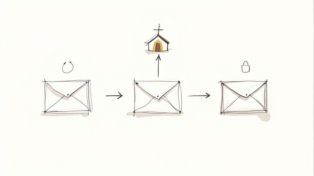 Digital envelopes labeled for different church funds, showing money being securely sorted into each one.