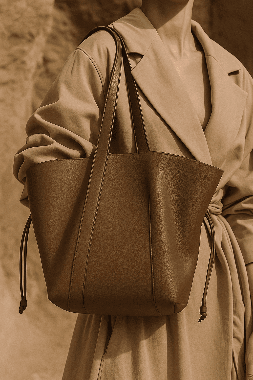 Mid-shot of a person in a beige trench coat holding a structured brown leather tote bag with long handles and side drawstrings.