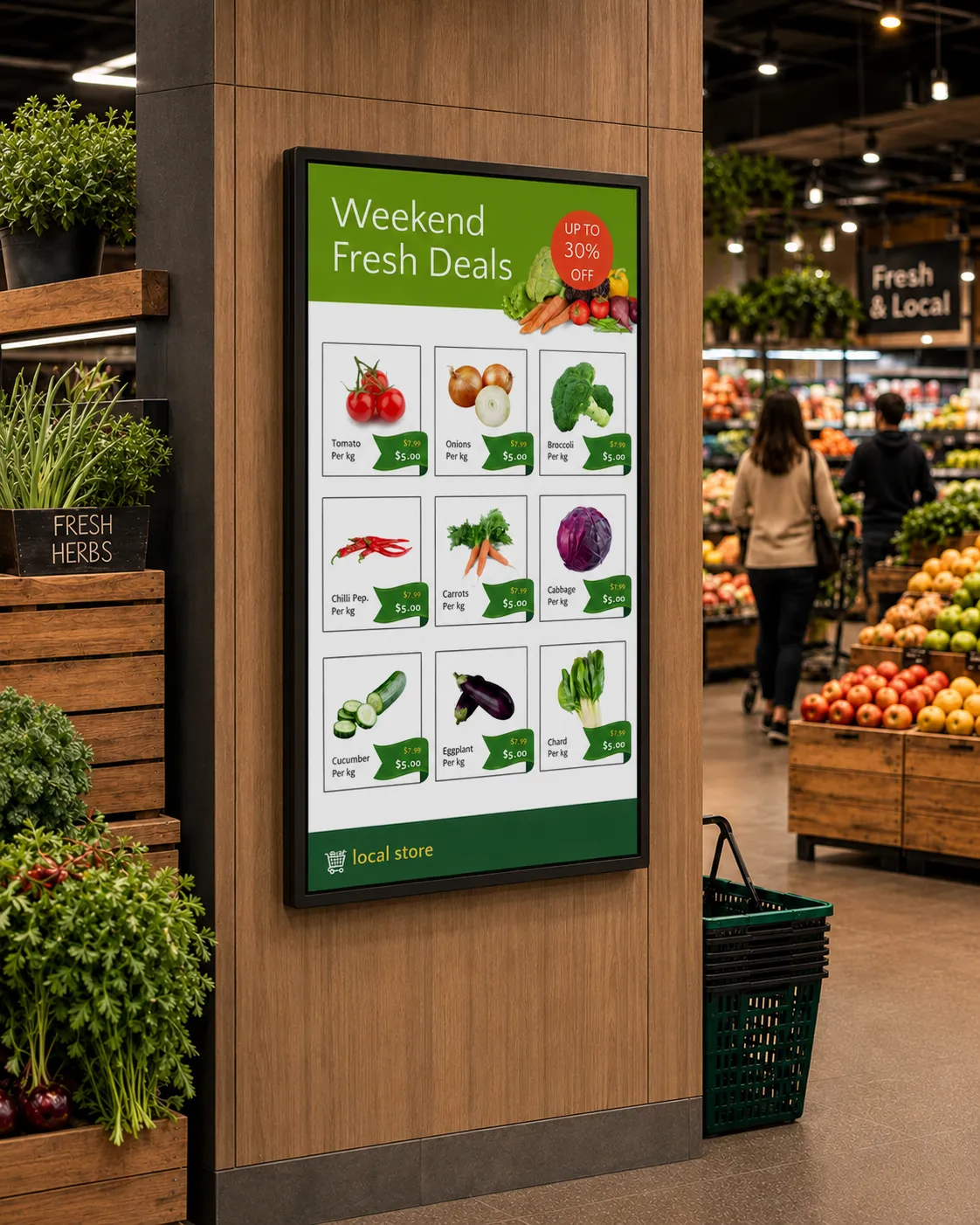 Supermarket digital signage displaying fresh produce promotions and weekend grocery deals