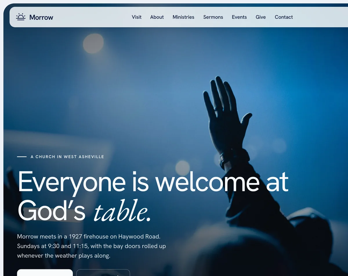 Morrow Church template home page with a worship photo and a sermon series card