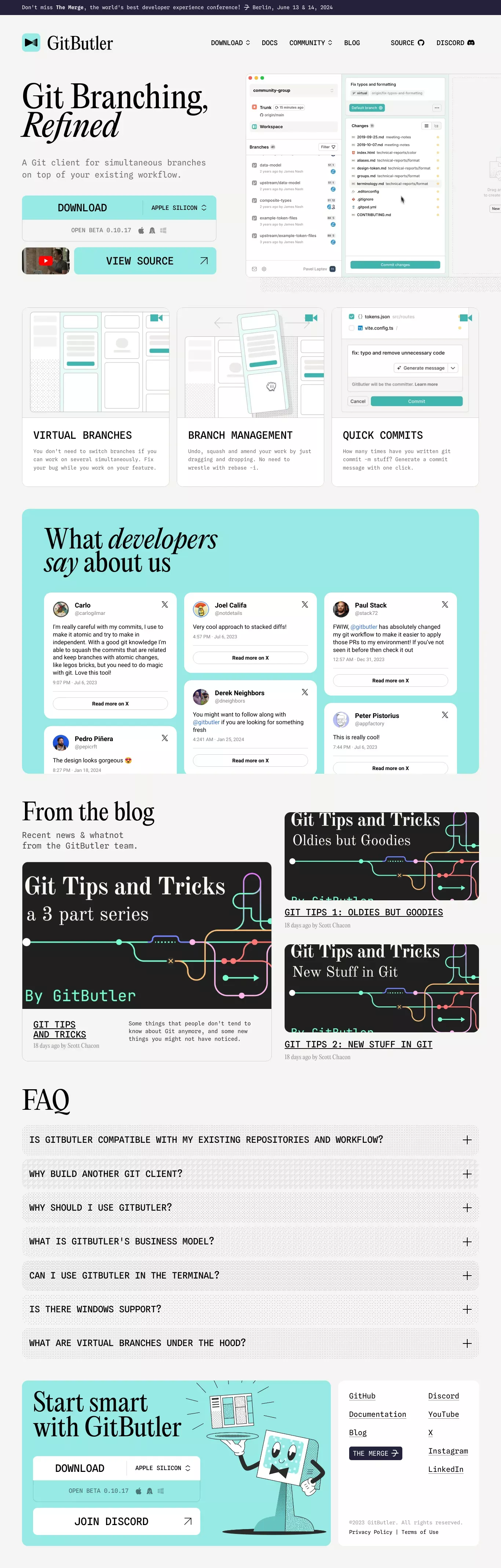 GitButler landing page screenshot showcasing Tech design