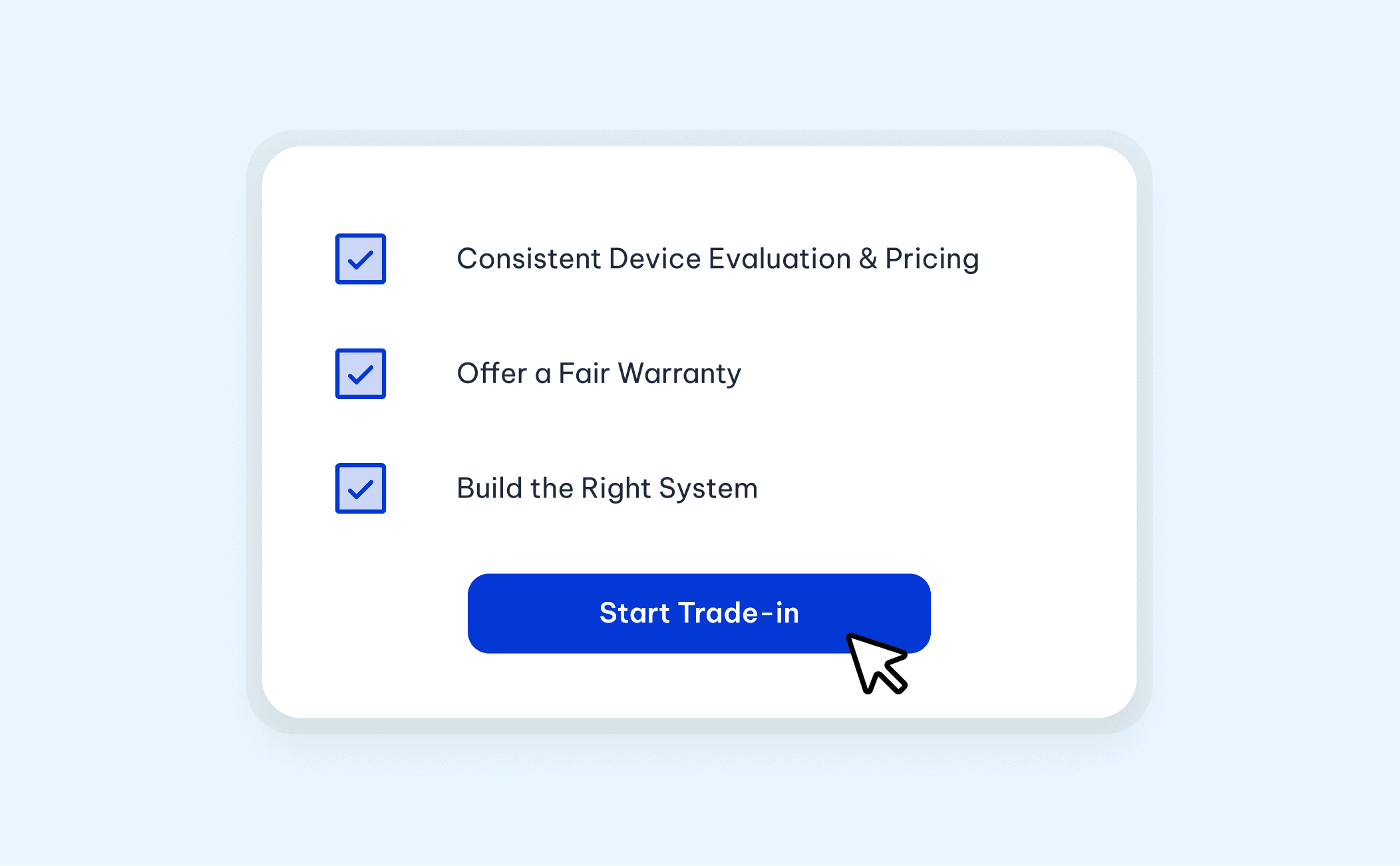 What to Do Before Offering iPad Trade-Ins: Trade-in checklist highlighting consistent device evaluation and pricing, fair warranties, and the right system, with a Start Trade-in button.