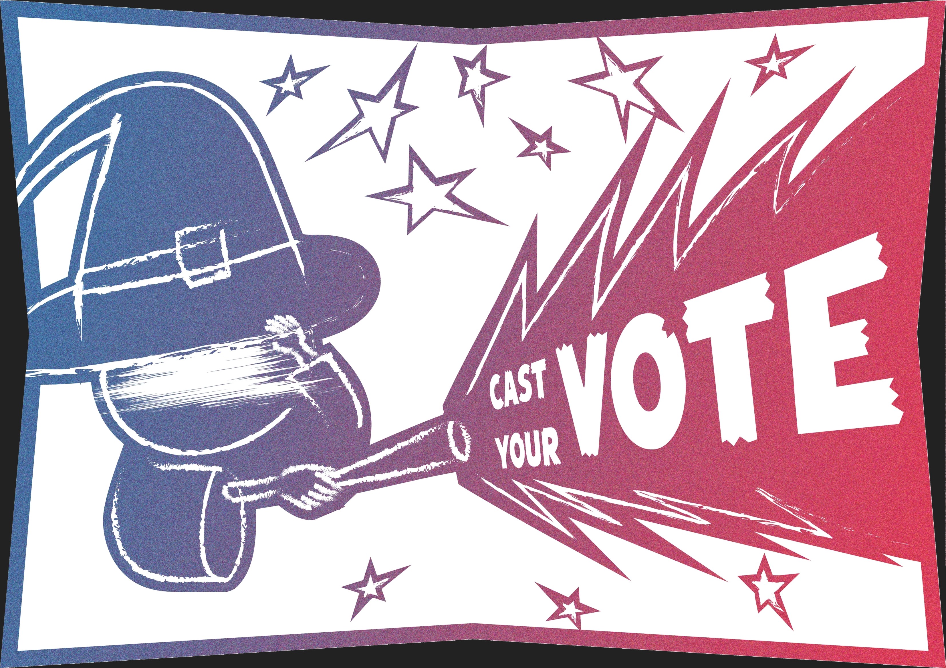 Graphic design of a wizard casting a spell that says "cast your vote"