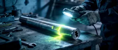 Fluorescent magnetic particle inspection under UV-A light showing green crack indication on steel shaft