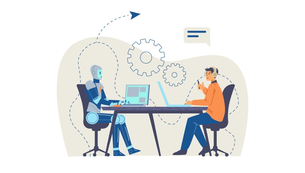 Illustration of two people adjusting interlocking gears within a circular arrow loop, surrounded by charts and checklists.