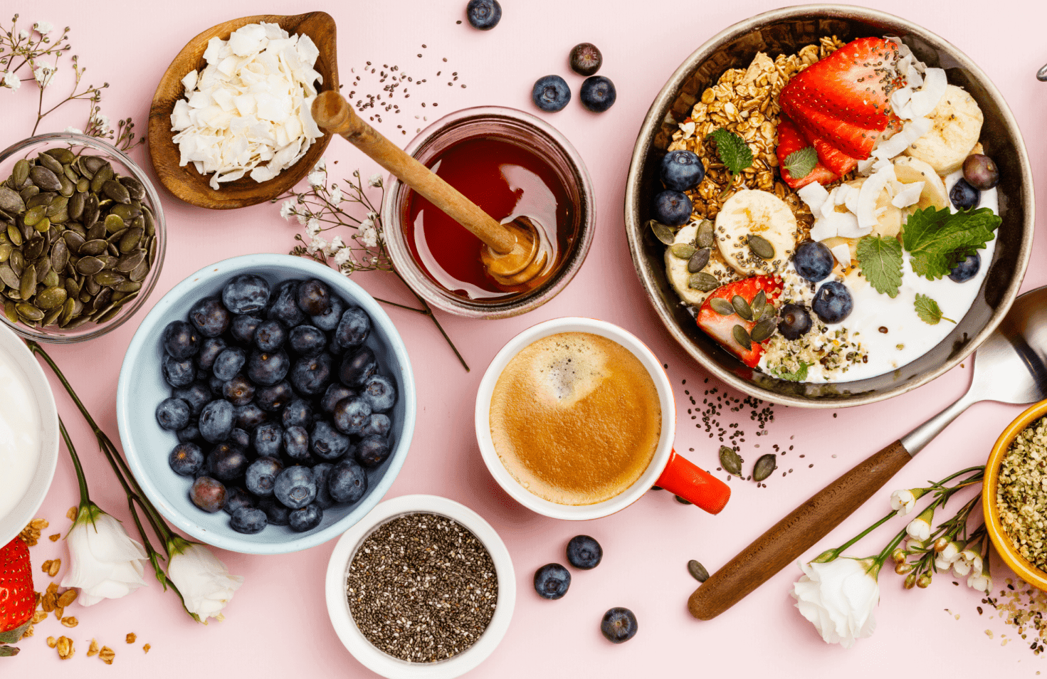 Some snacks and drinks on a colorful table.
