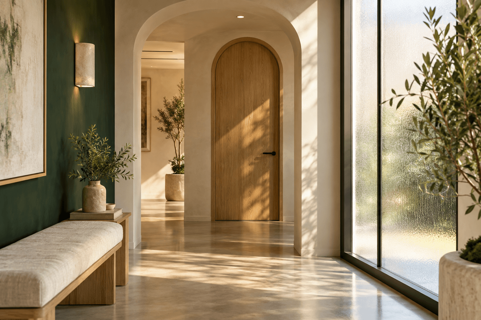 Warm sunlight across an arched corridor in the dental studio