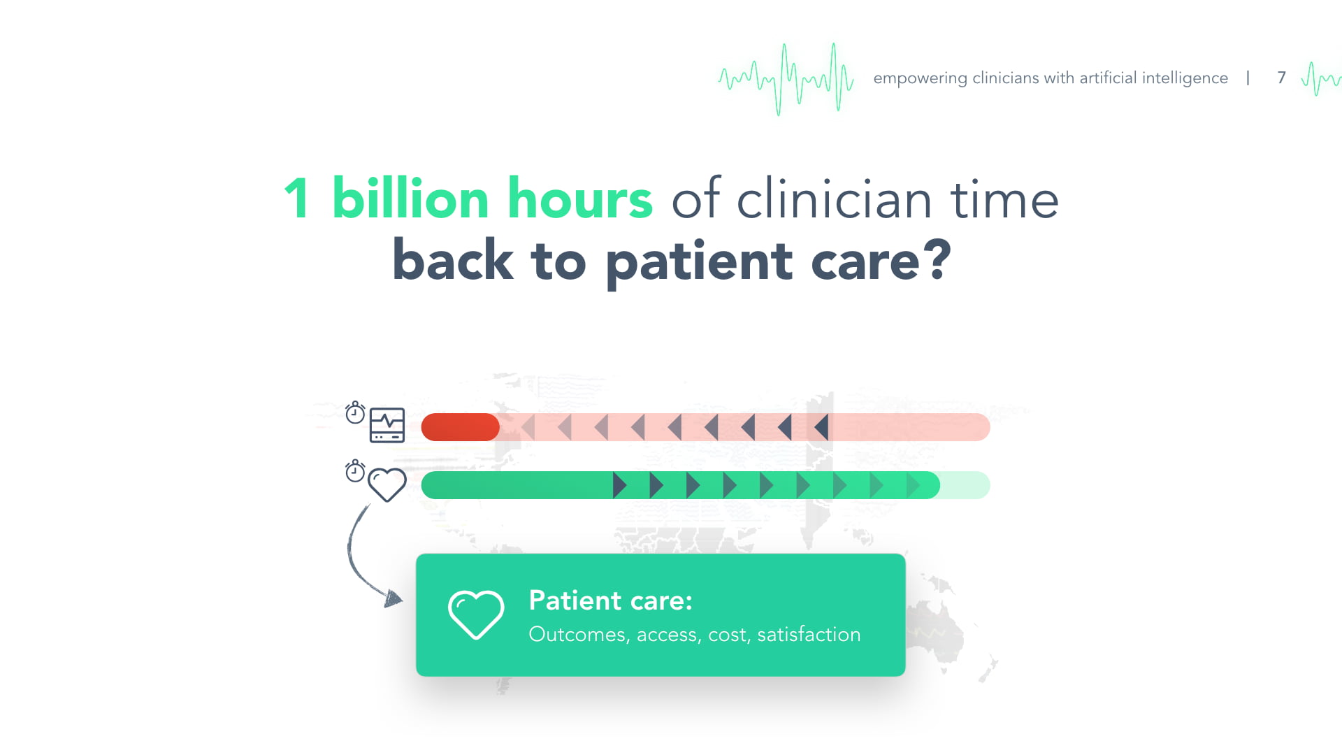 EnsoData pitch deck vision slide - 1 billion hours of clinician time back to patient care showing administrative burden reduction for improved outcomes and satisfaction