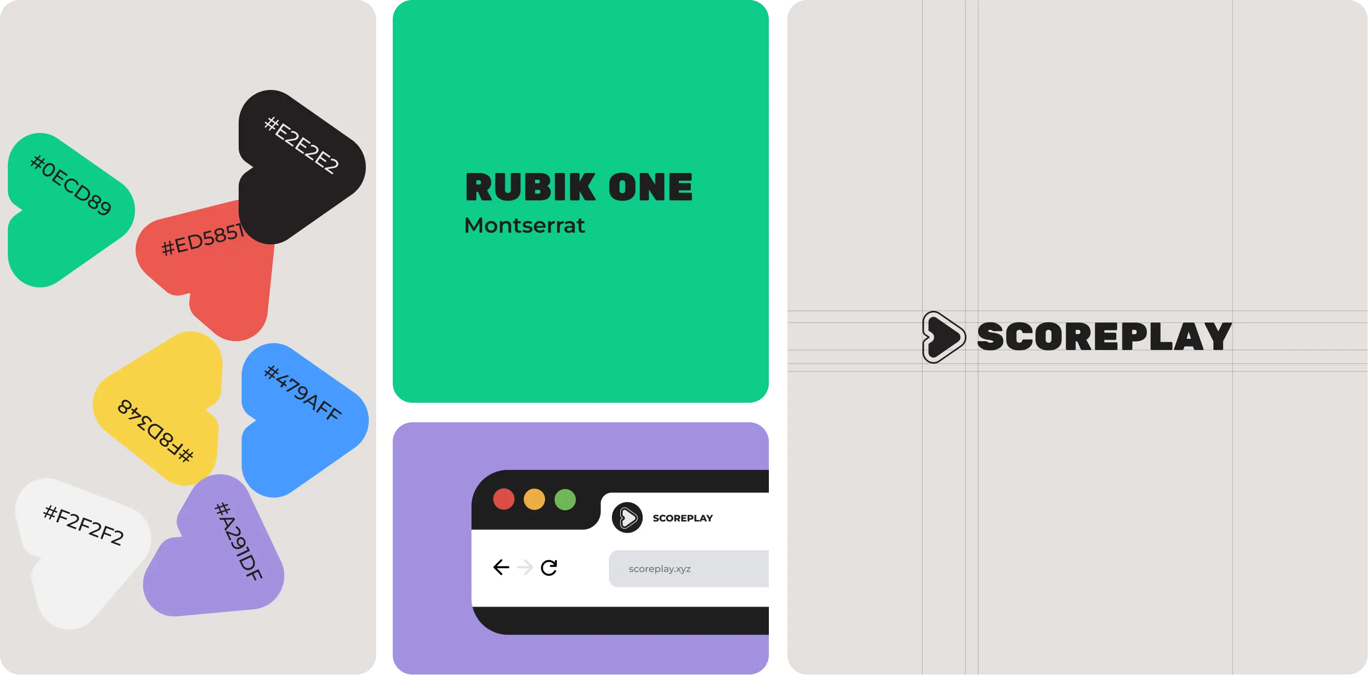 Visual identity system for Scoreplay, featuring the primary color palette (emerald green, lavender, and vibrant red) and the Rubik One and Montserrat typography guidelines.