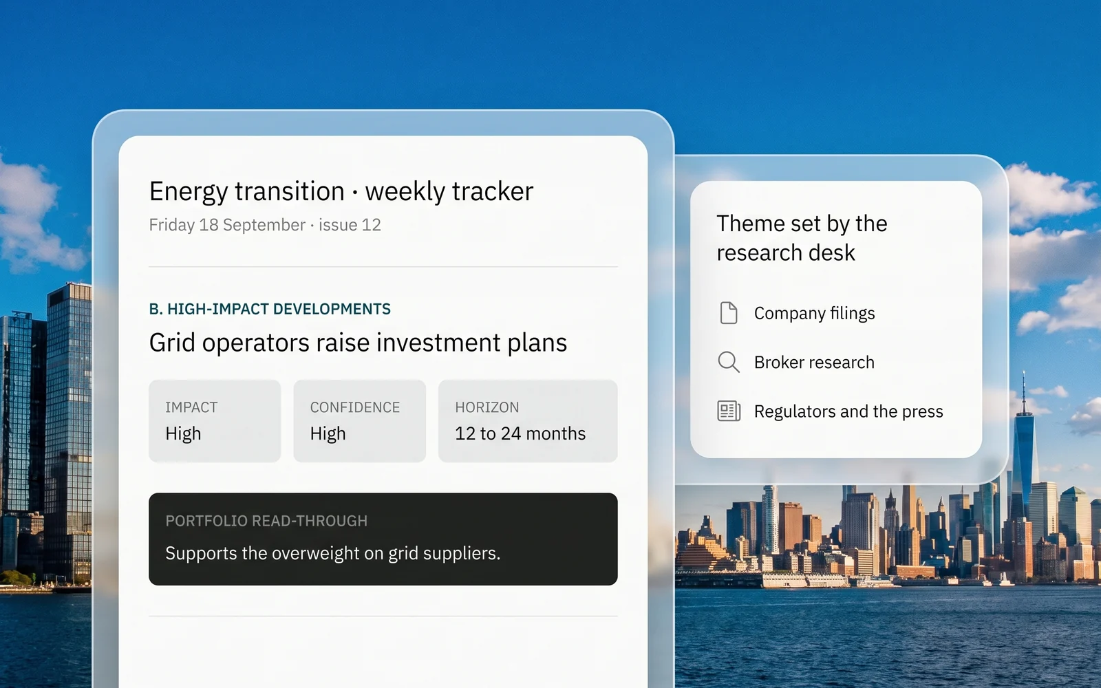 A weekly tracker on the energy transition scoring a development for impact, confidence and horizon, with a portfolio read-through