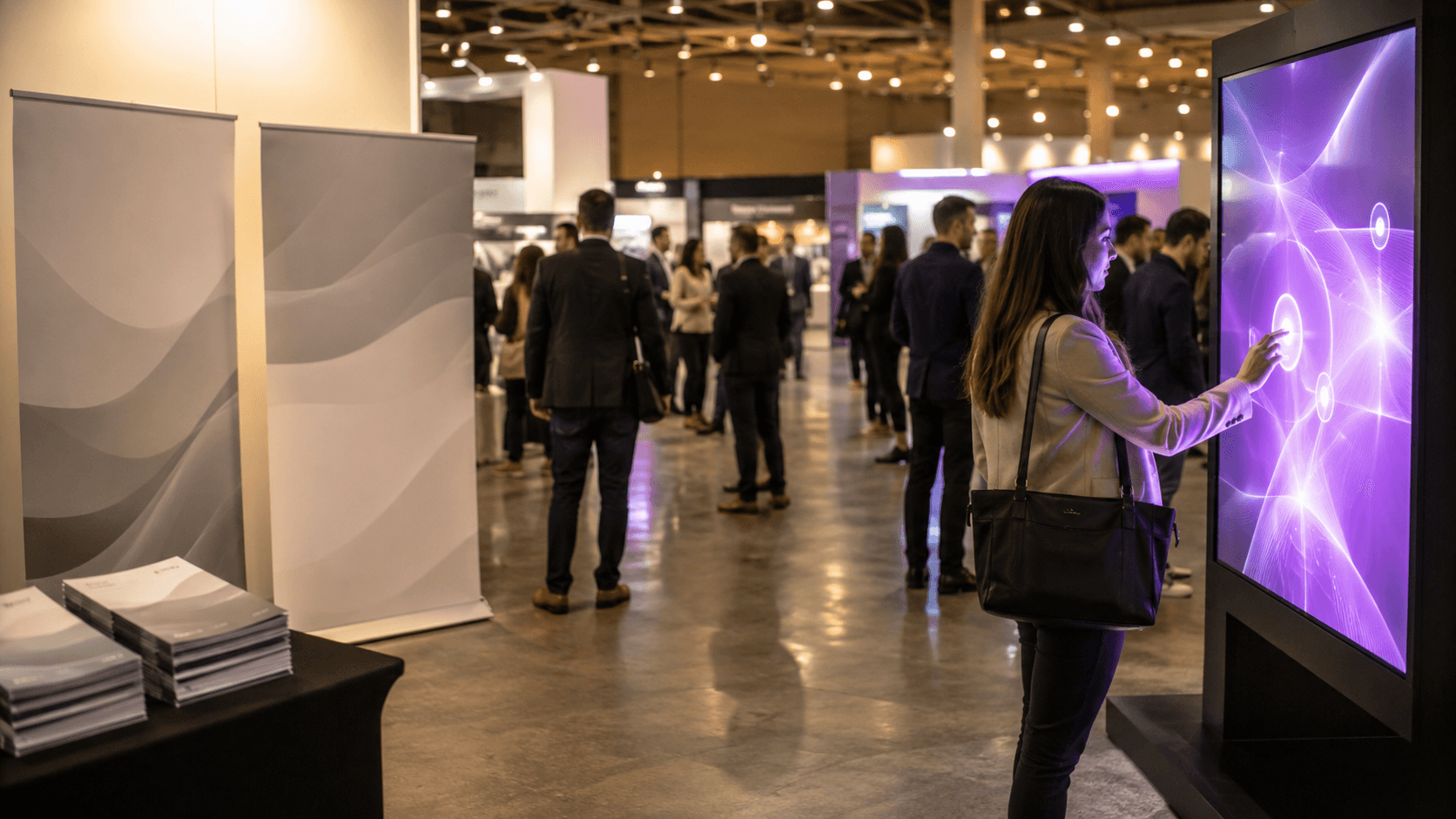 Visitor touching a glowing interactive display while static banners and brochures sit ignored nearby