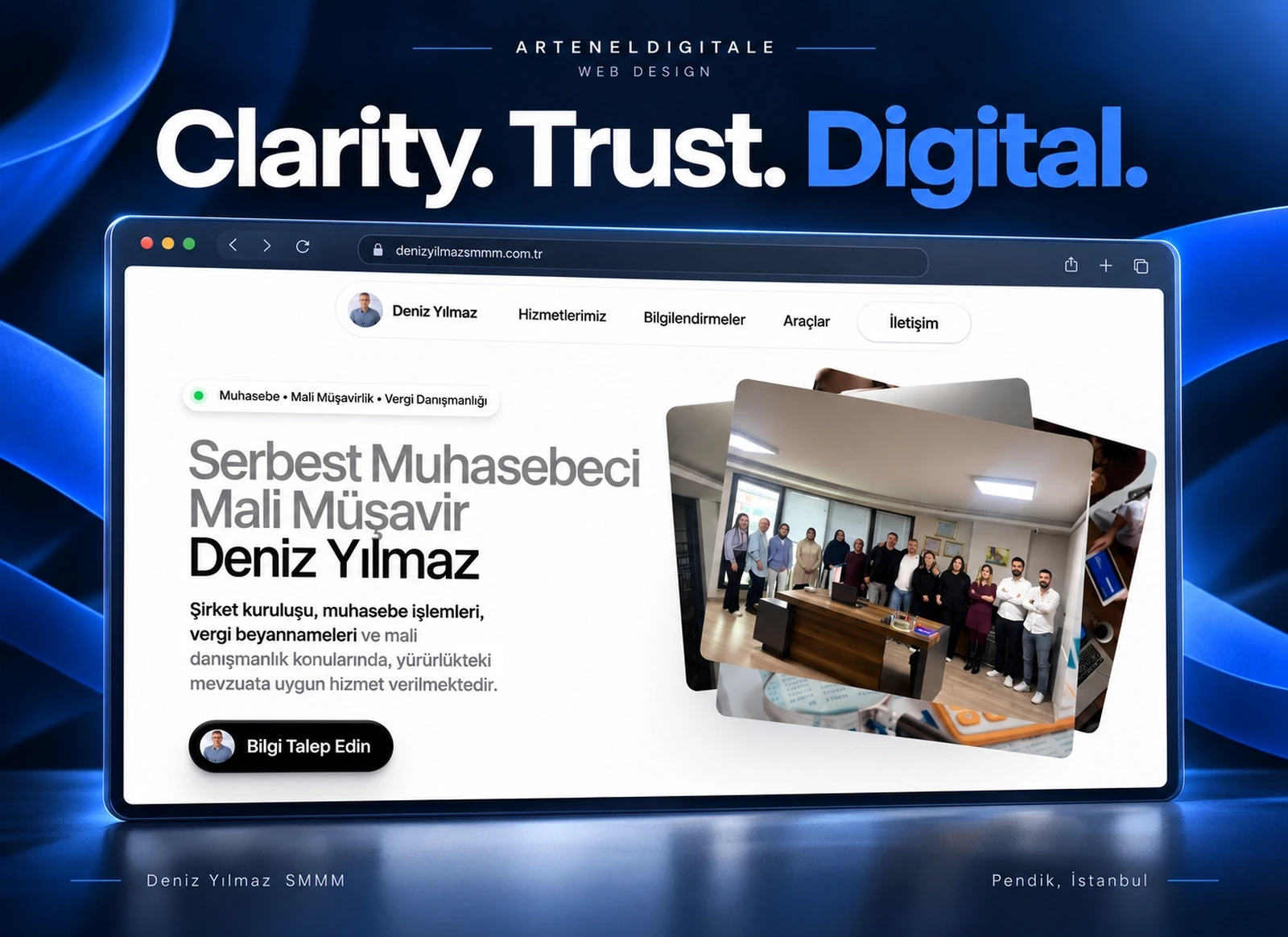 Pendik, İstanbul'da faaliyet gösteren Deniz Yılmaz SMMM ofisi için Arteneldigitale tarafından tasarlanan, lacivert ve mavi tonlardaki şık web sitesi tasarımı mockup sunumu.