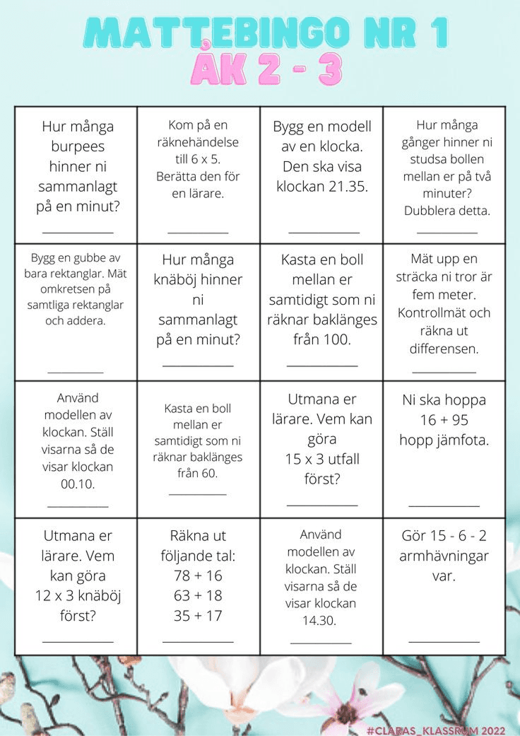 Children's activity bingo card titled "Mattebingo NR 1 ÅK 2-3," featuring various math and physical activity tasks, each in a different box, with a background of light blue and white magnolia flowers.
