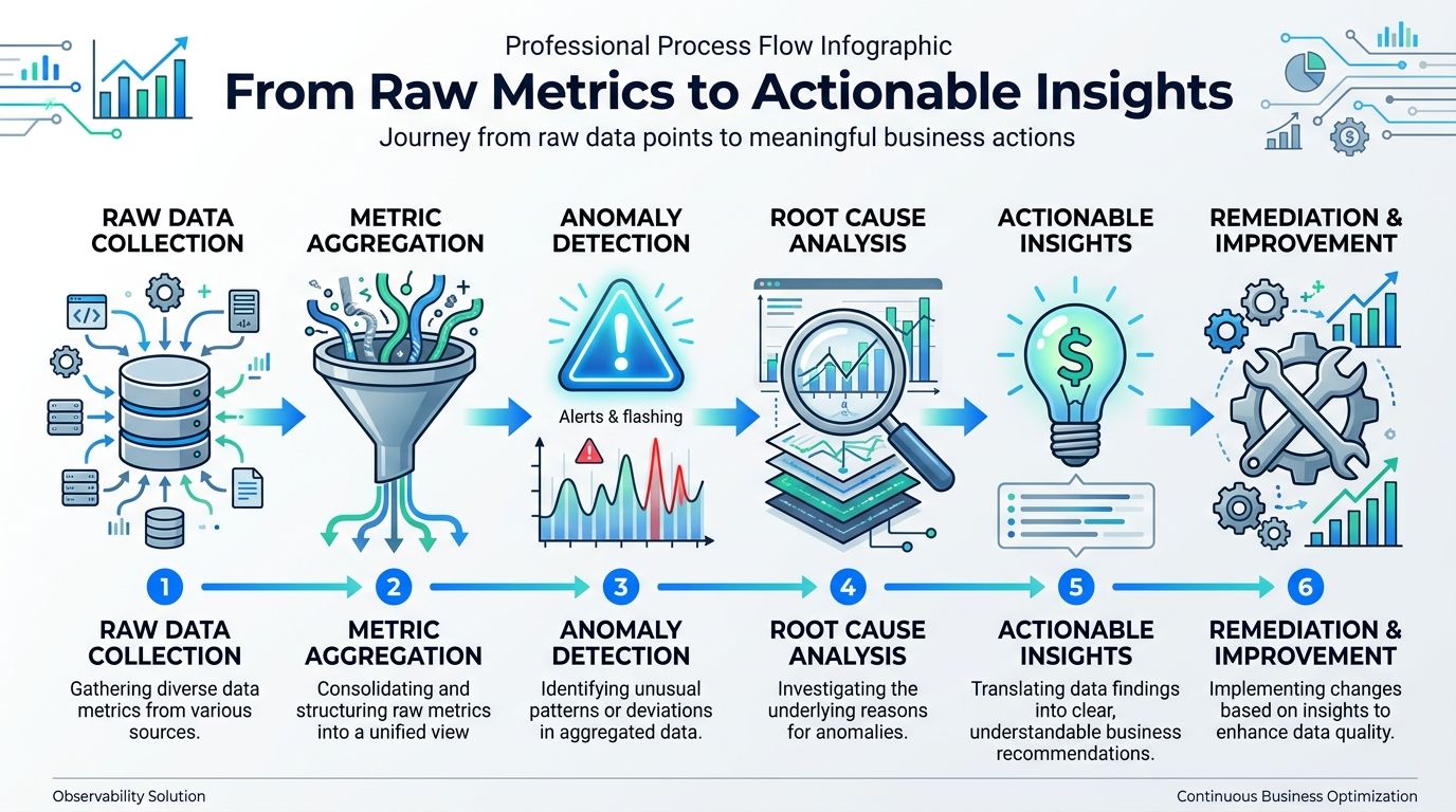 A six-step infographic illustrating the data observability process from raw collection to business improvement and optimization.