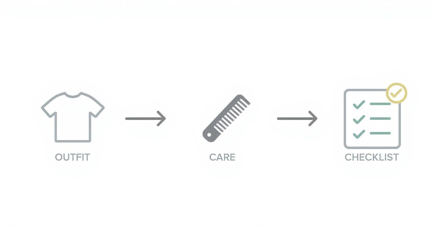 Infografik, die den Vorbereitungsprozess für ein Profilfoto mit Symbolen für Outfit, Pflege und Checkliste darstellt.