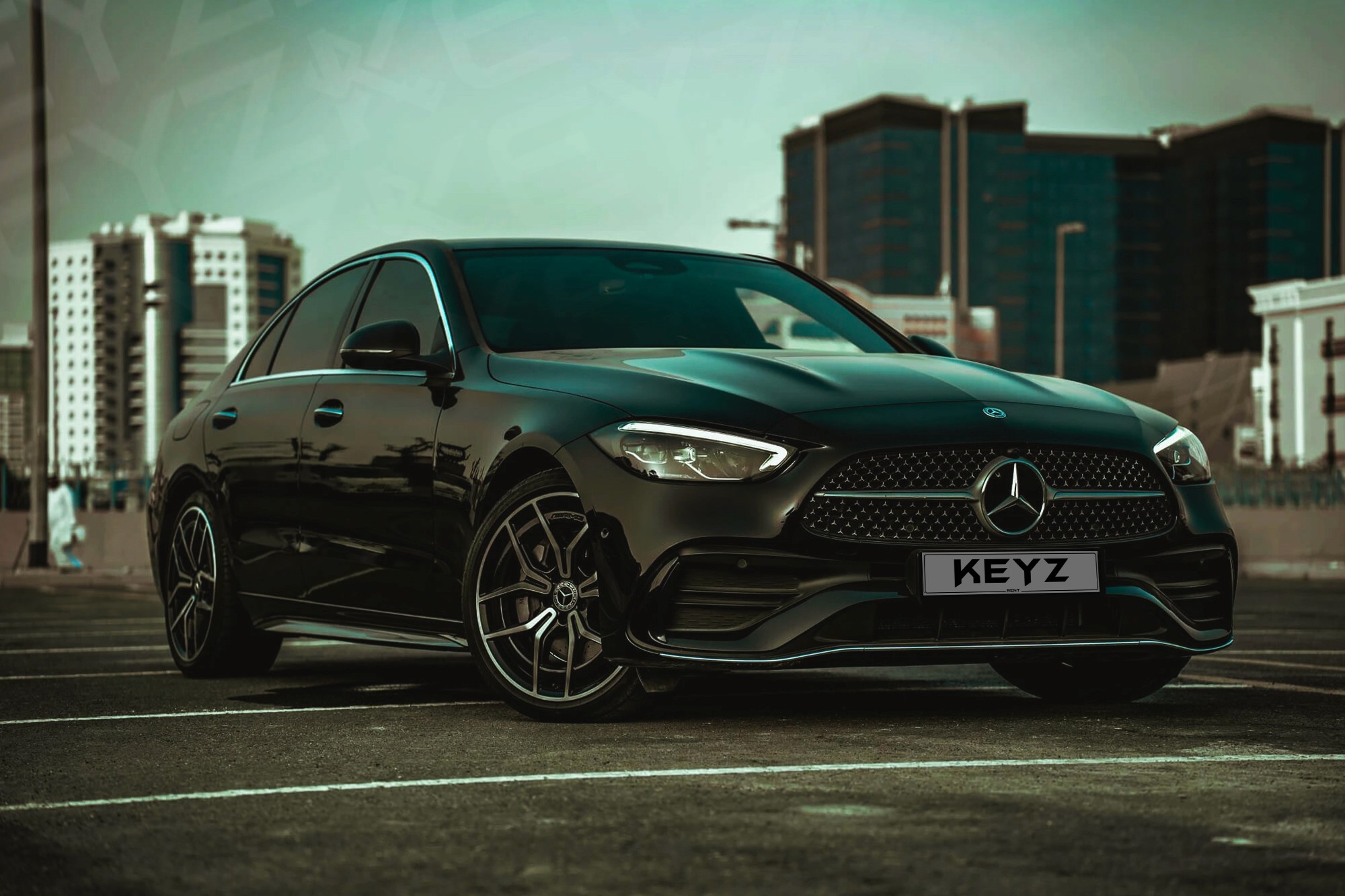 Vue extérieure Mercedes C 200 Noir – Location Berline à Dubaï | Keyz Rent