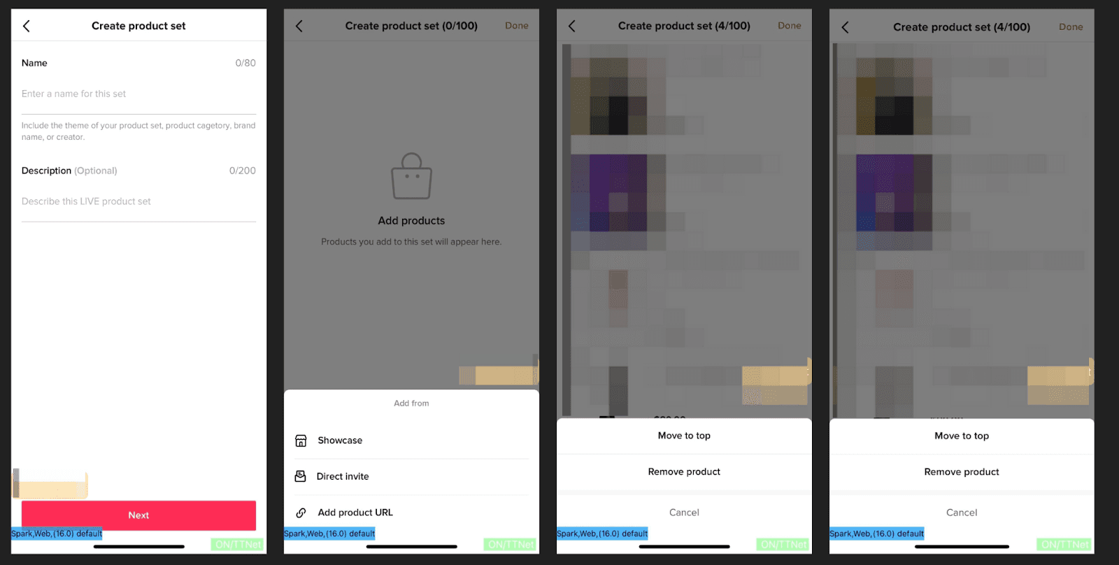 Smartphone screens showing an e-commerce product listing flow.