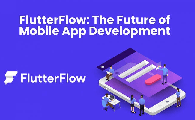 FlutterFlow visual app builder canvas showing a mobile screen layout alongside generated Flutter code