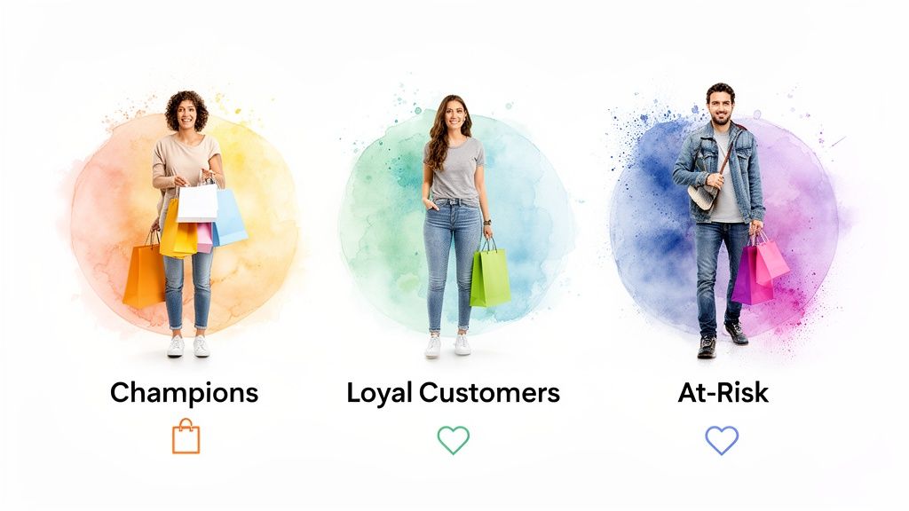 Three customer segments: Champions, Loyal, At-Risk, with shoppers holding bags against watercolor backgrounds.