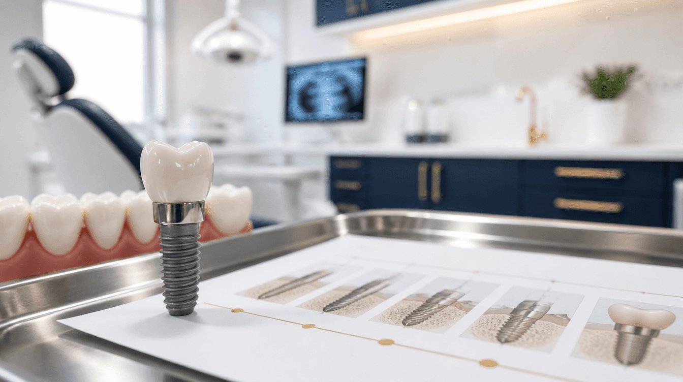 Healed dental implant with crown next to a 6-month timeline at a Smyrna dental practice