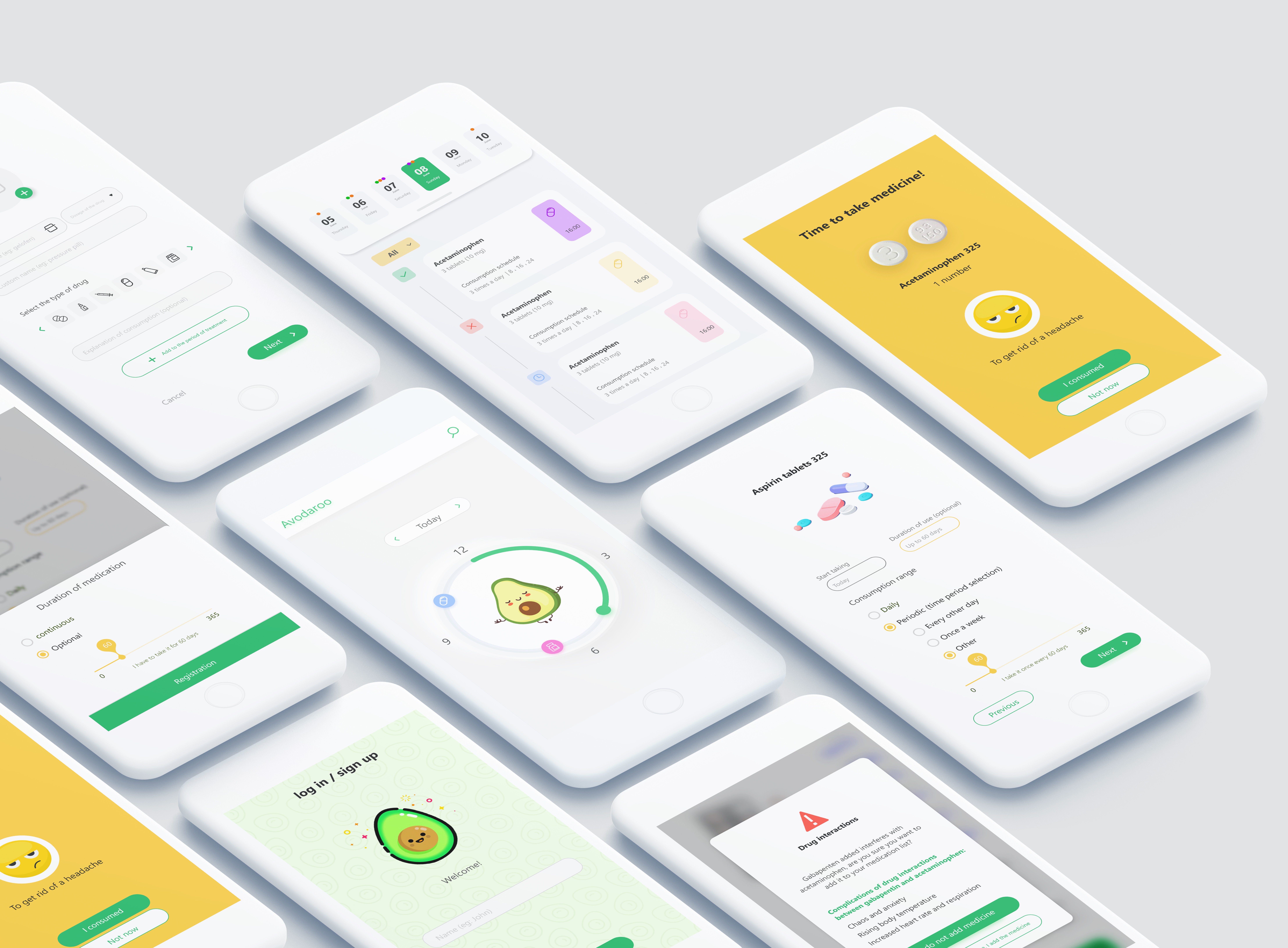 Overview of AvoDaroo medication reminder app UI across key screens