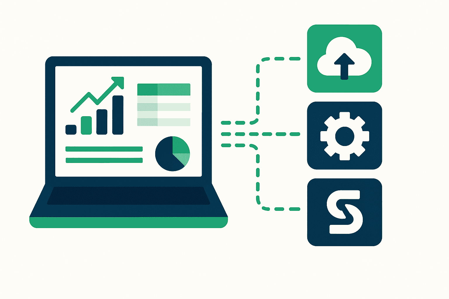 Minimalist illustration in Sumledger colors showing a laptop with financial dashboards and connected integration icons, symbolizing automated data flow and group reporting.