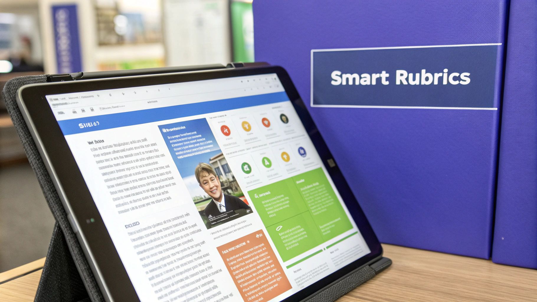 A digital rubric being built on a laptop screen, showing criteria and scoring levels.