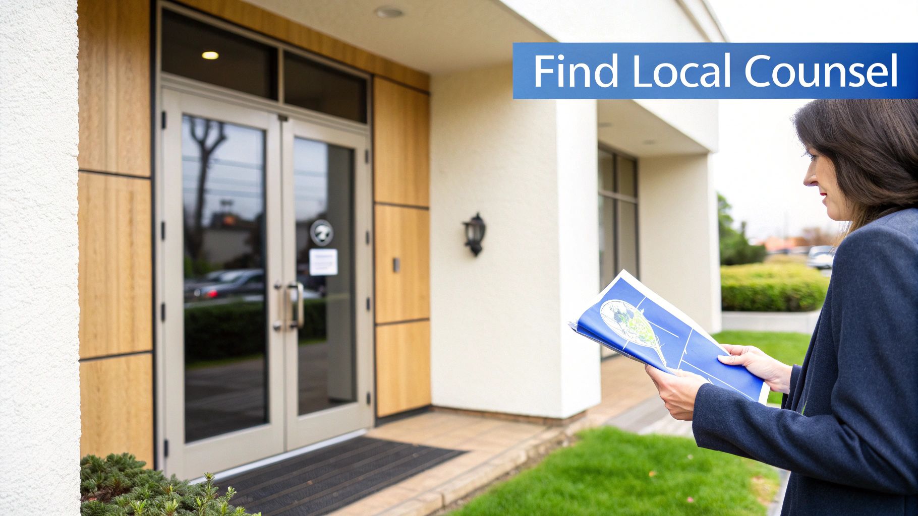A professional woman with a blue folder looks towards a building with
