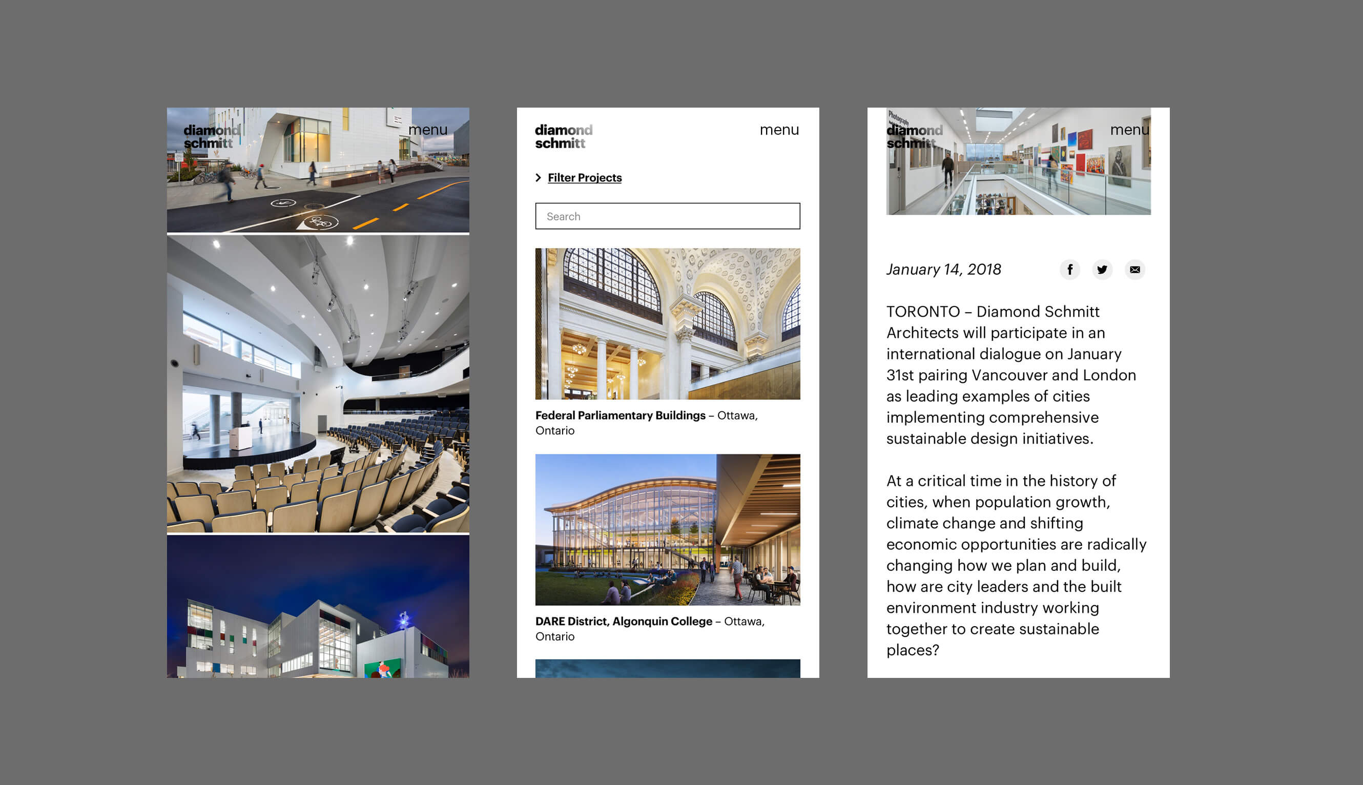 Three sections of the mobile version of the website, featuring photos of past projects and a description of an event.