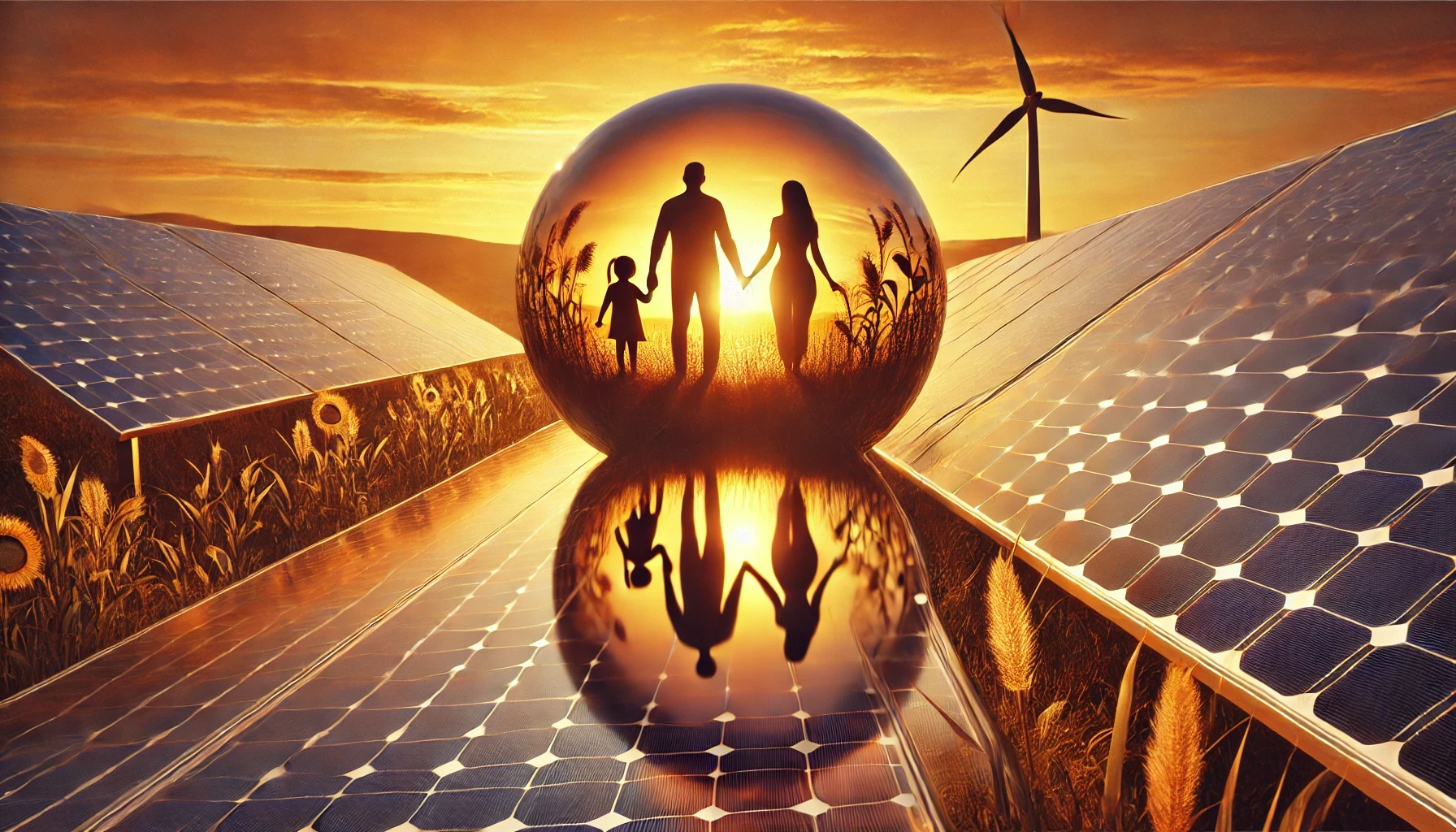 Family walking through a solar farm