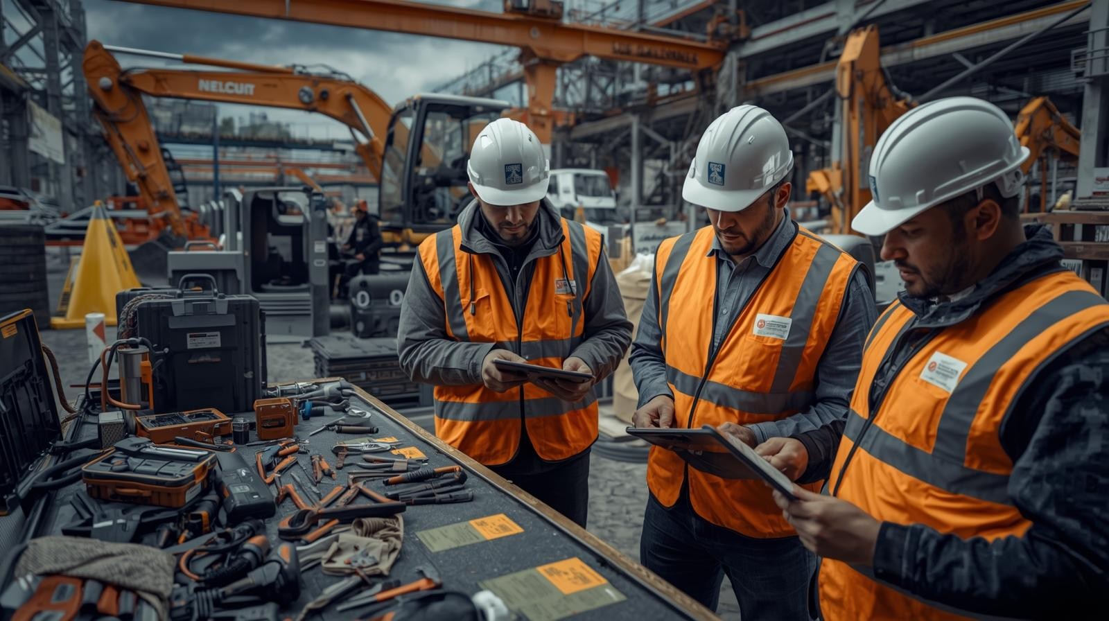 Workers scanning QR-tagged tools for daily checklist verification on a construction site.